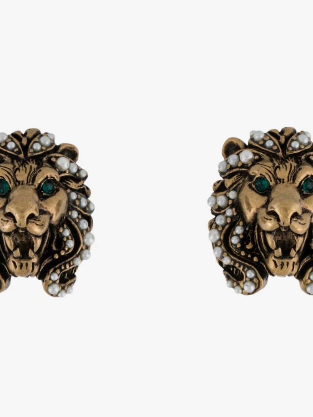 Gucci Gold Lion Head Clip On Earrings with Green Stone Eyes and Pearl Trim